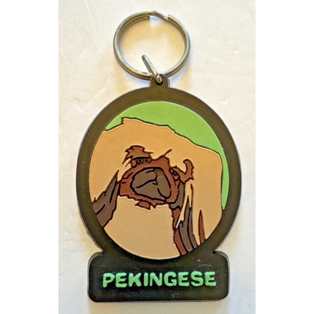 Pekingese Keychain Etched rubber Vintage 90's SWIBCO Dog keyring NOS